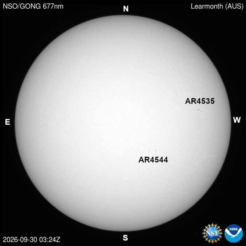 The sun, seen as a large white sphere with dark spots, each labeled.