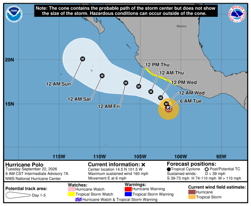 Map showing path of hurricane to the west of Mexico.