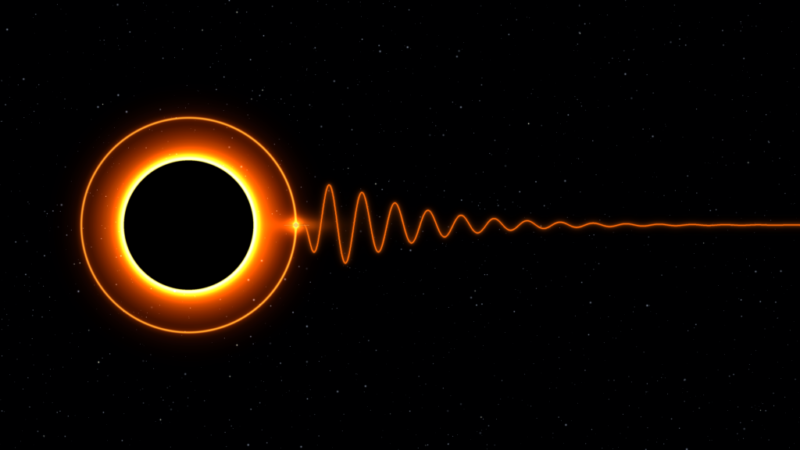 A black circle ringed in orange with a wavy line coming off with waves getting smaller as it gets farther away.