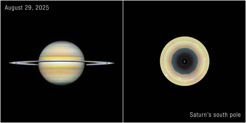 On the left, a bright planet with a ring around it. On the right, a circle going from light brown at the outer edge, to darker brown and then a black center.