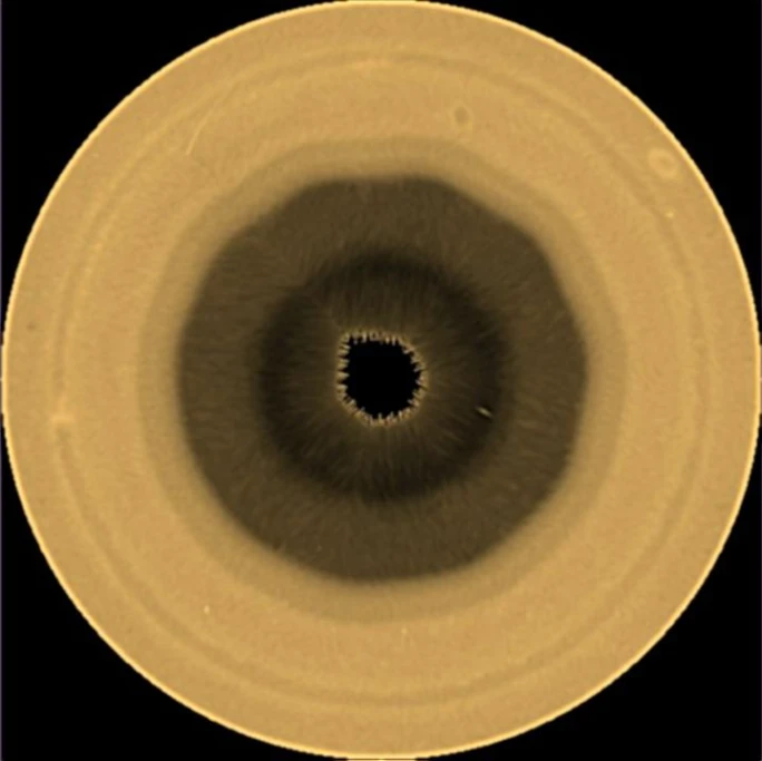Saturn's south pole showing a circle with mostly  yellow except at the center where its brownish with 10 edges.
