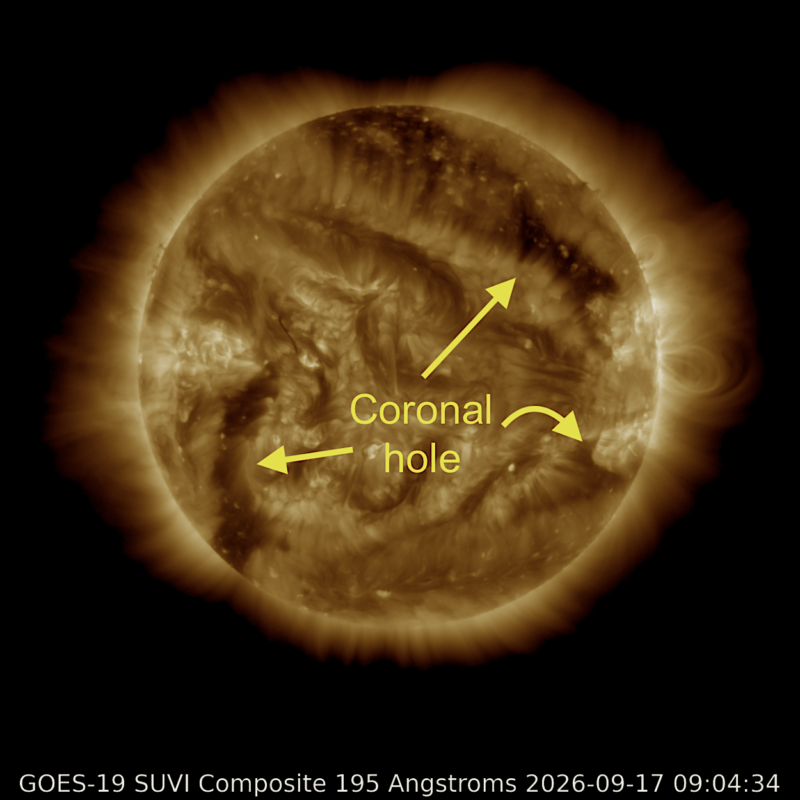 Mottled face of the sun with large dark streaks labeled on it.