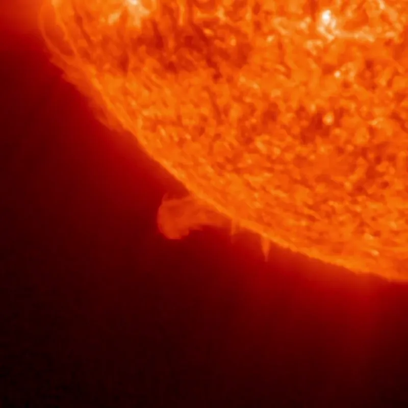 Part of the sun's face, mottled in orange, with streamers of glowing gas flying outward on the horizon.