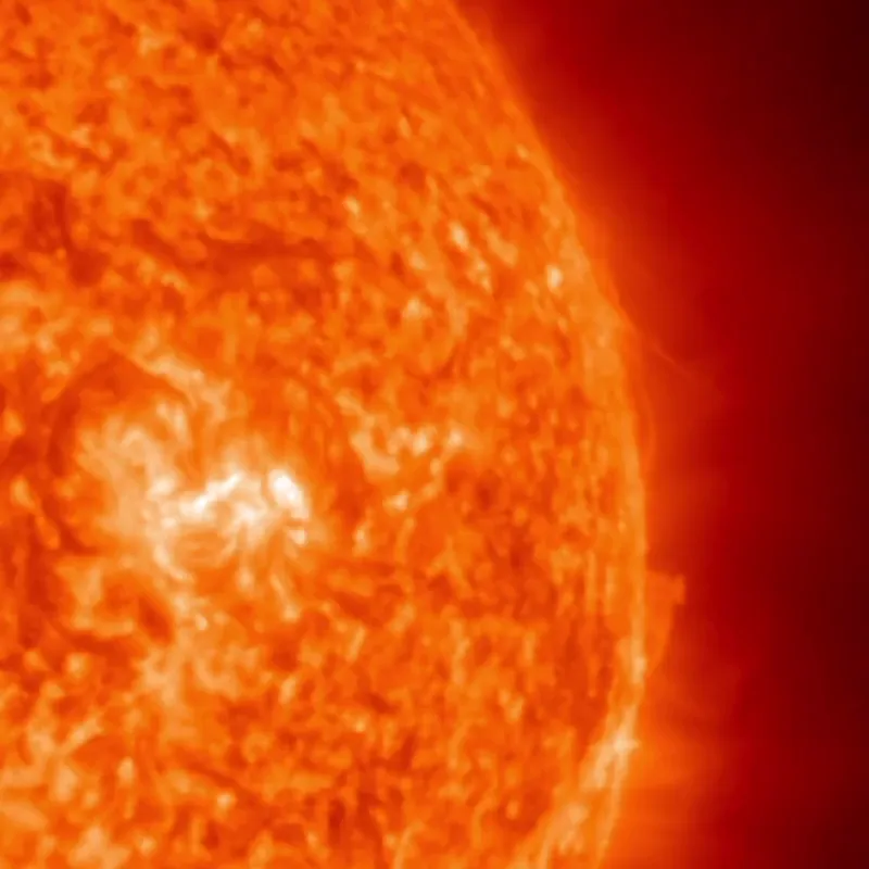 Part of the sun's face, mottled in orange, with brilliant explosions on it.