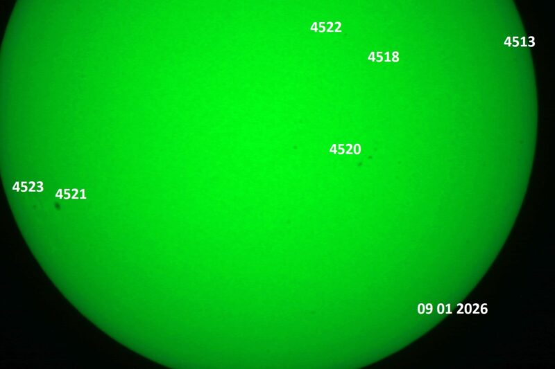 The sun, seen as a green sectional sphere with dark spots, each labeled.