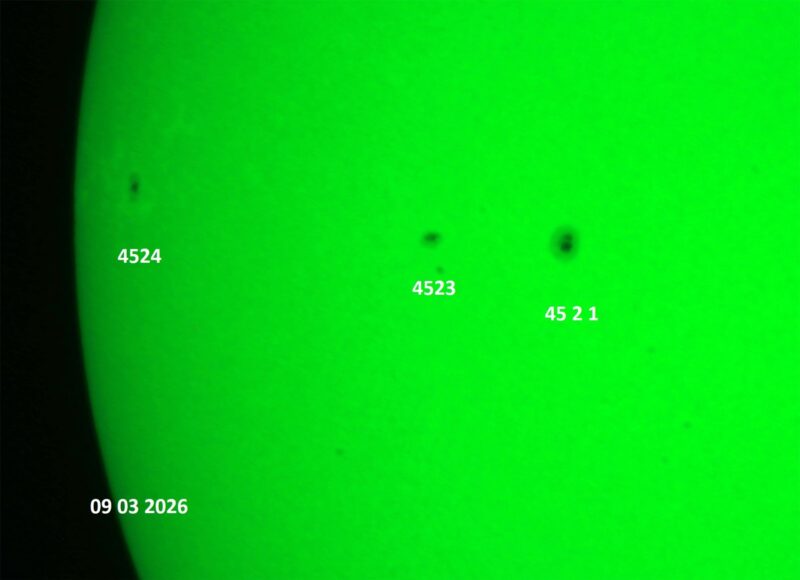 The sun, seen as a green sectional sphere with dark spots, each labeled.