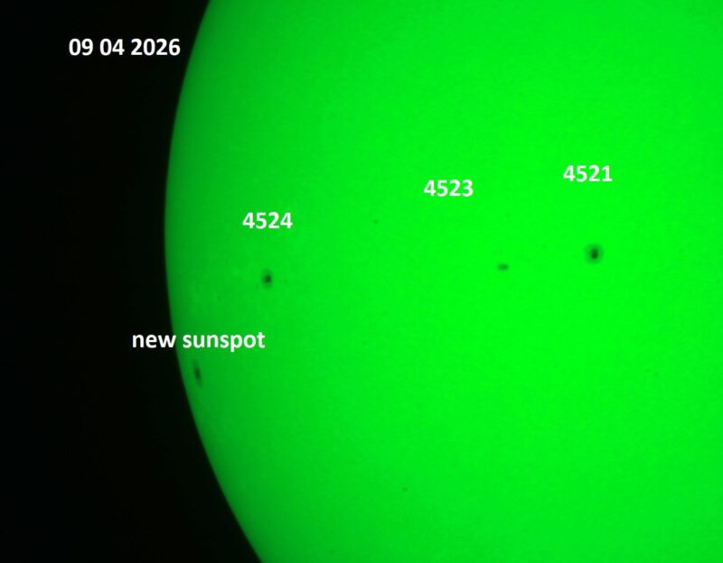 The sun, seen as a green sectional sphere with dark spots, each labeled.