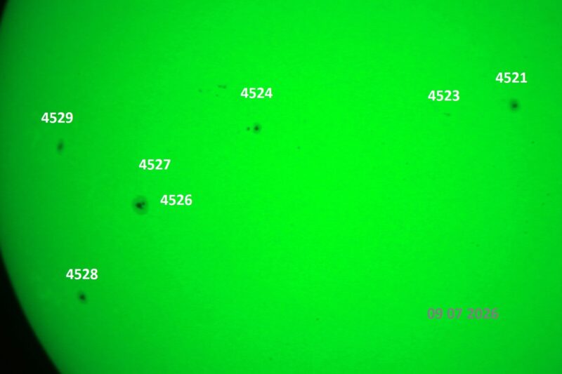 The sun, seen as a green sectional sphere with dark spots, each labeled.