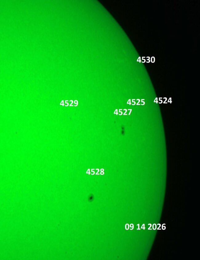 The sun, seen as a green sectional sphere with dark spots, each labeled.