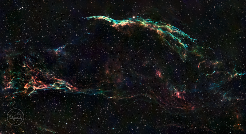 The western Veil Nebula is shown as streamers and filaments of gas and dust that are remnants of a supernova explosion.