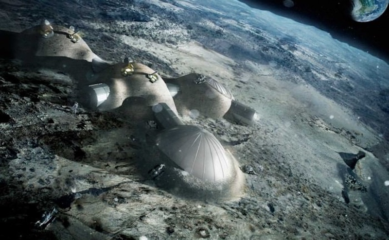Water on the moon: Small collection of dome-shaped buildings on the moon, with Earth in the distance.