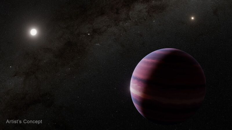 Earthlike planet: A striped planet on the right with two stars in the background.