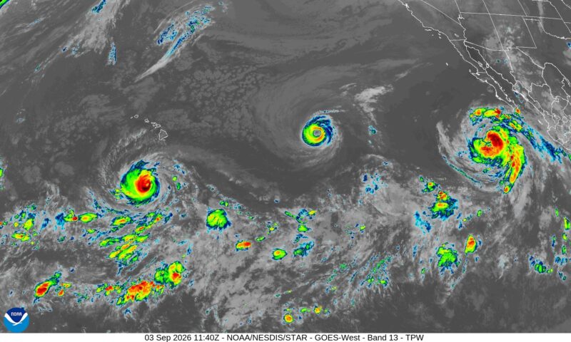 Colorful view of storms in rainbow hues - 3 circles and scattered storms south in the Pacific.