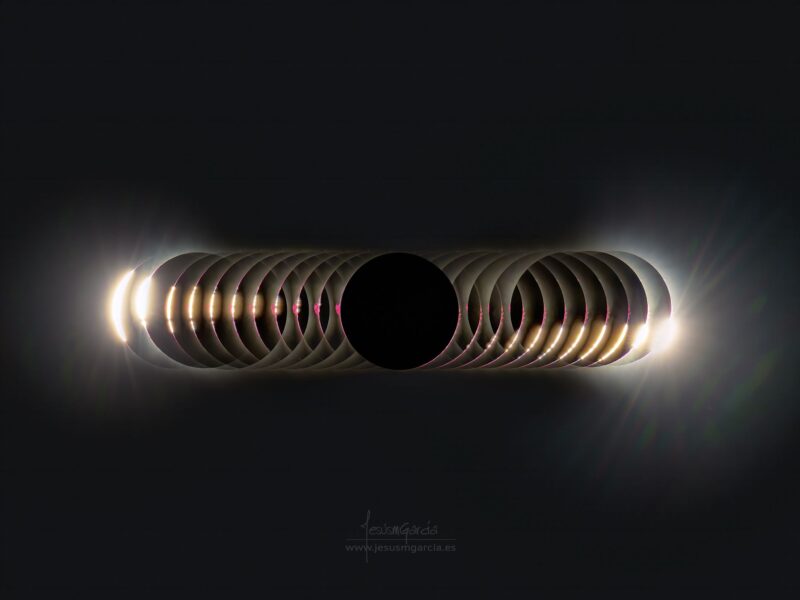 Many images of the eclipse arranged in a horizontal line, with glimpses of the sun’s brightness around the edges and the total eclipse in the center.