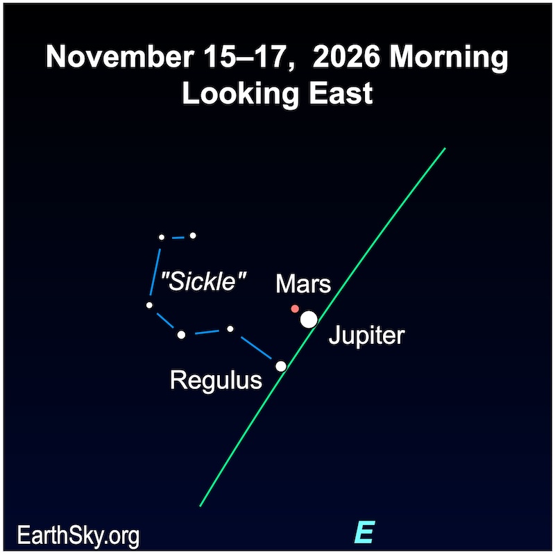 A large dot, Jupiter, is immediately below a smaller dot, Mars. Below them both is another smaller dot, the star Regulus. Six very small dots, the "Sickle" asterism, are to the large dot's left.