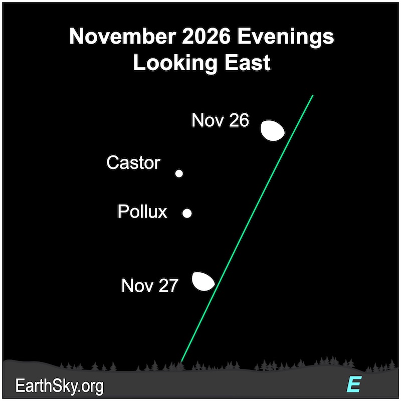 Chart showing a fat hemisphere, the moon, over two nights. On the first, the hemisphere is right of two dots, the stars Castor and Pollux. On the second, the hemisphere is below those two dots.