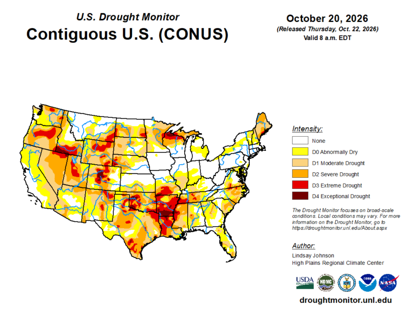 Map of US with some white and areas of yellow, orange and red show degree of drought conditions.