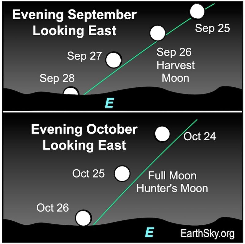 Two charts: The first shows a series of disks, the moon, on succeeding nights in September. They all lie above a wavy line, the eastern horizon. The second again shows a series of disks, the moon on succeeding nights in October. And again, they are all above a wavy line, the eastern horizon.