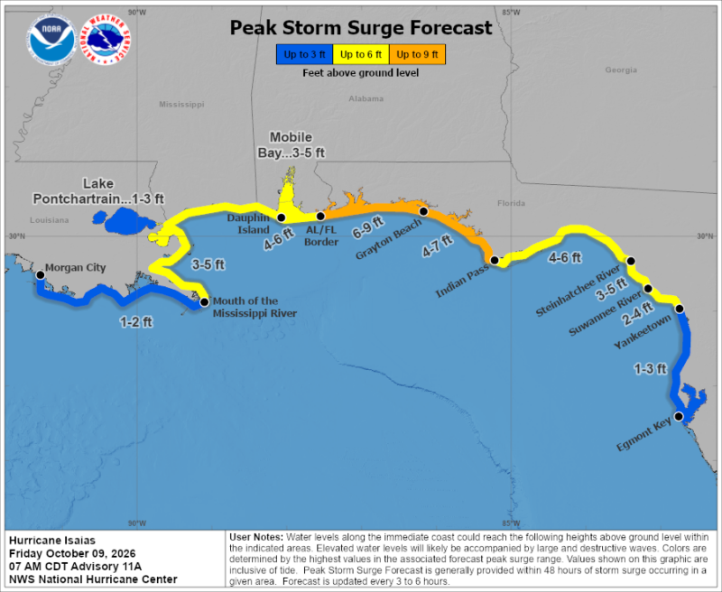 Map of Gulf Coast with yellow and orange along the shore for storm surge forecast.