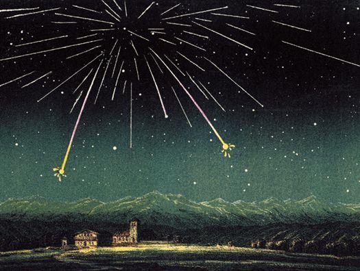 Artwork of meteors falling like a firework exploding over a dark country scene.