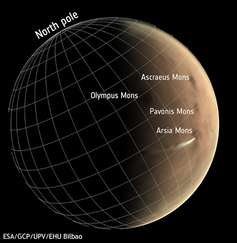 Globe of brownish planet with gridlines and 4 volcanoes labeled.