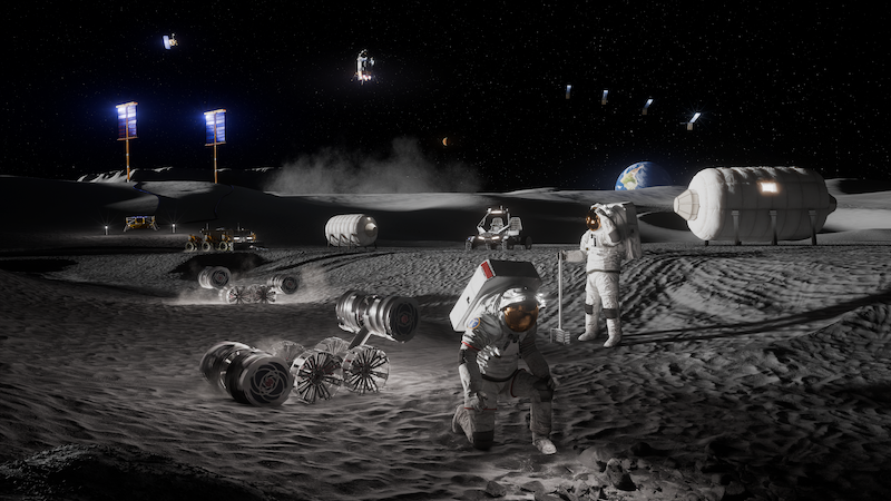 Searching for caves on the moon: Astronauts on the moon, with a small base, spotlights and rovers nearby.