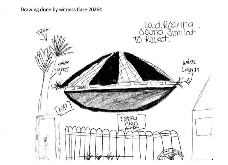 Pentagon UAP files: Sketch of a disk-shaped object with a domed top half and regularly-spaced blackboards on the top half. A fence, tree and house are below and beside it.