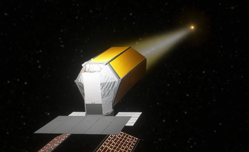 Habitable worlds, more than Earth? Satellite-like space telescope. A beam of light extends between the telescope and a star.