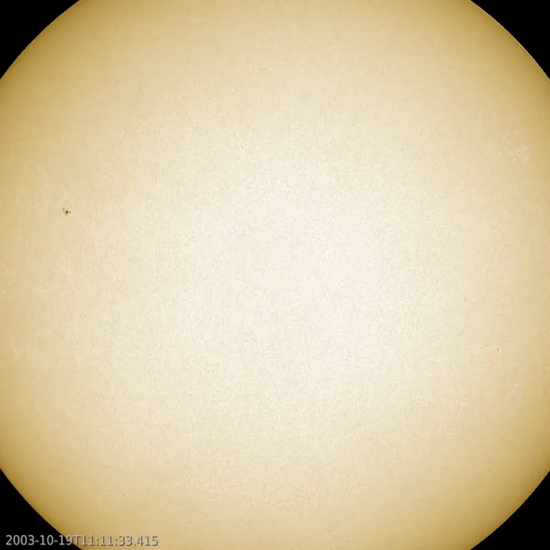 The sun in visible light as large dark sunspot groups rotate into view from the left and grow across the disk.