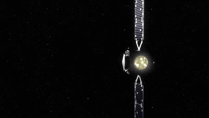 A spacecraft with 2 large panels and a circular light moves toward the viewer.