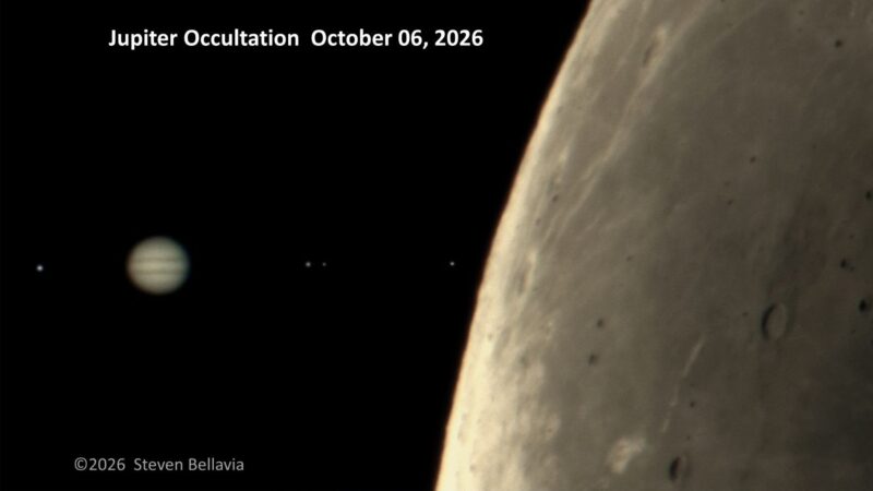 Limb of moon on right with Jupiter and 4 bright dots beside it.