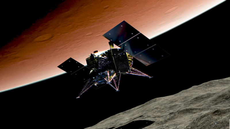 MMX mission: Spacecraft with 2 solar panels between Mars and a moon with what looks like landing legs out.