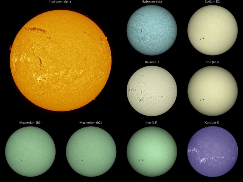 The sun, seen as nine spheres in different bright colors.
