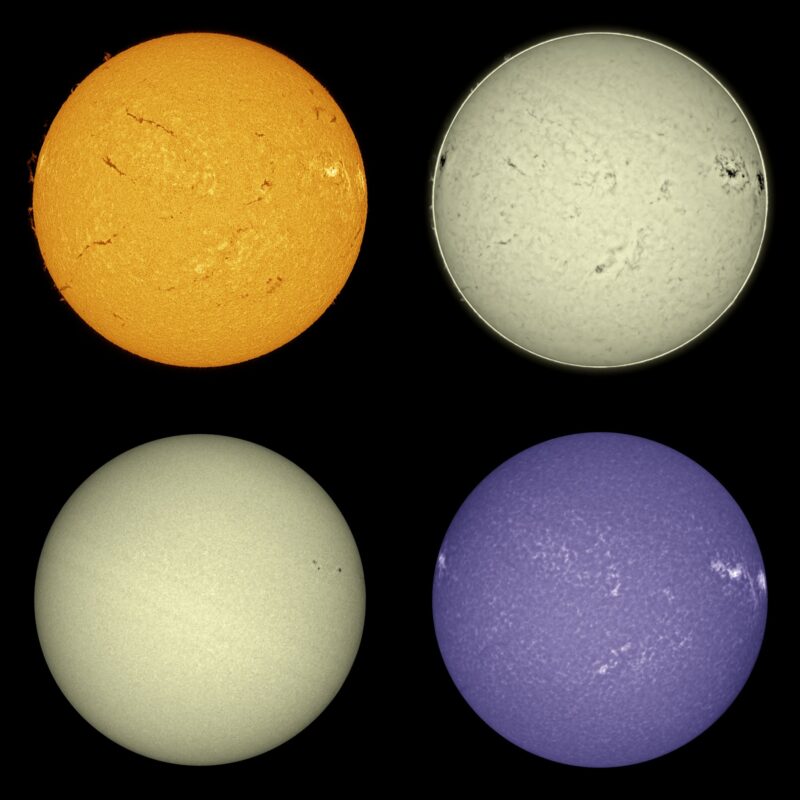 The sun, seen as four spheres in different bright colors.