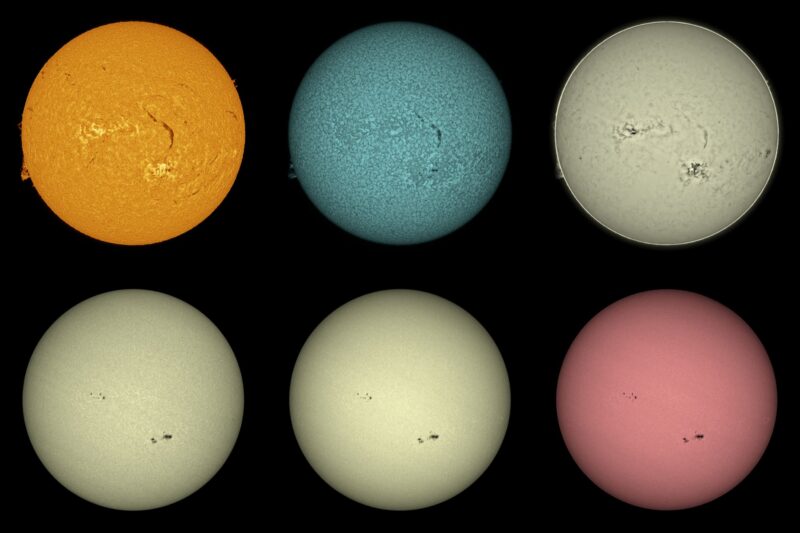 The sun, seen as six spheres in different bright colors.