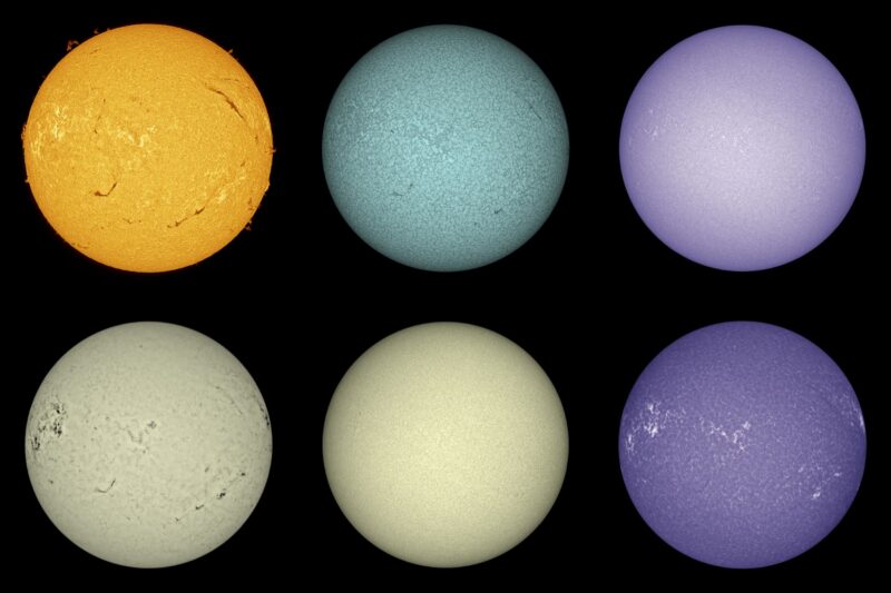 The sun, seen as six spheres in different bright colors.