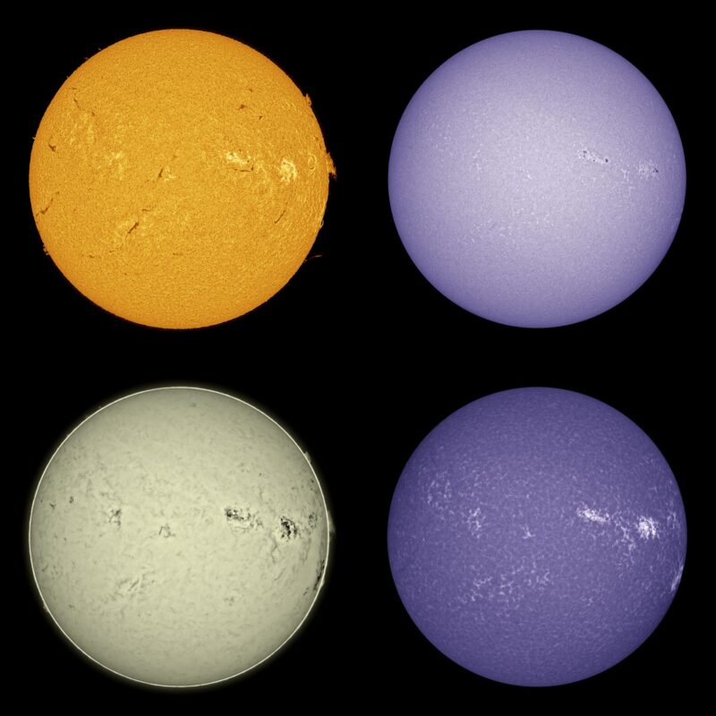 The sun, seen as four spheres in different bright colors.