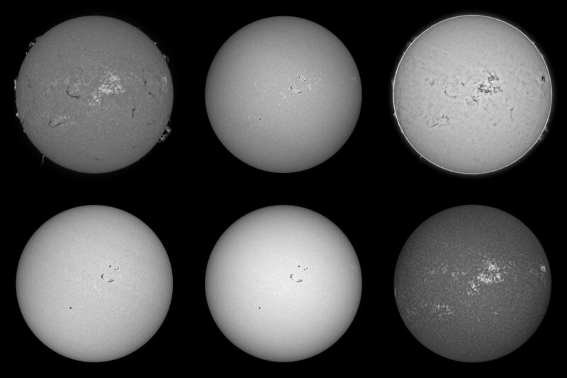 The sun, seen as six gray spheres.