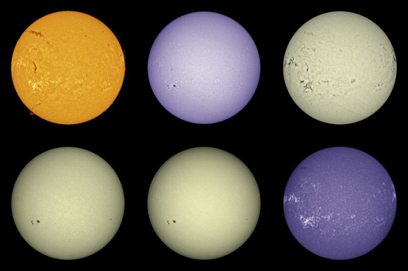 The sun, seen as six spheres in different bright colors.