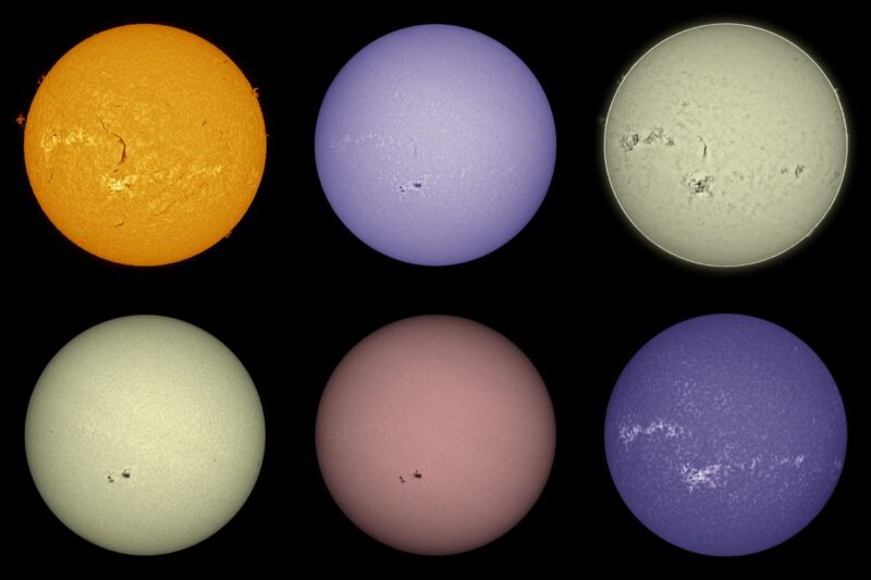 The sun, seen as six spheres in different bright colors.