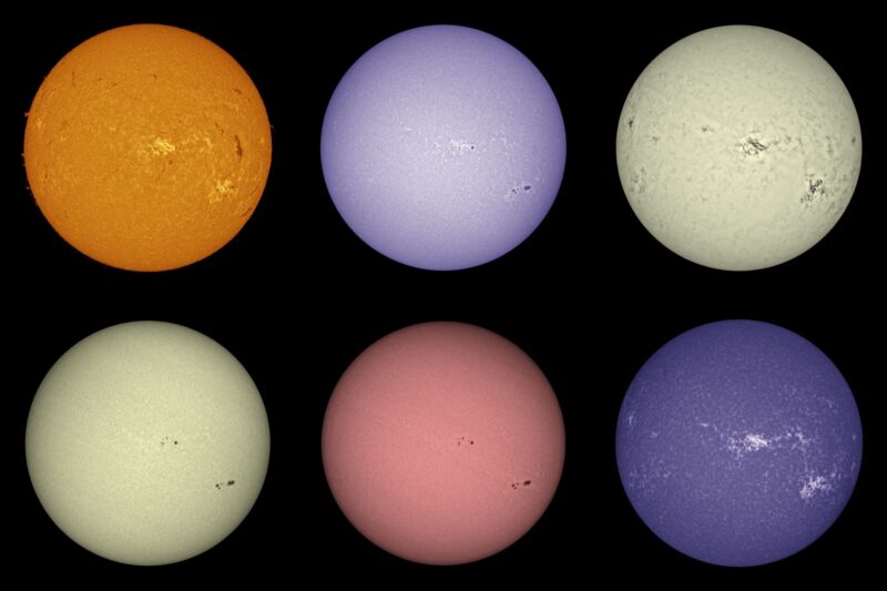 The sun, seen as six spheres in different bright colors.