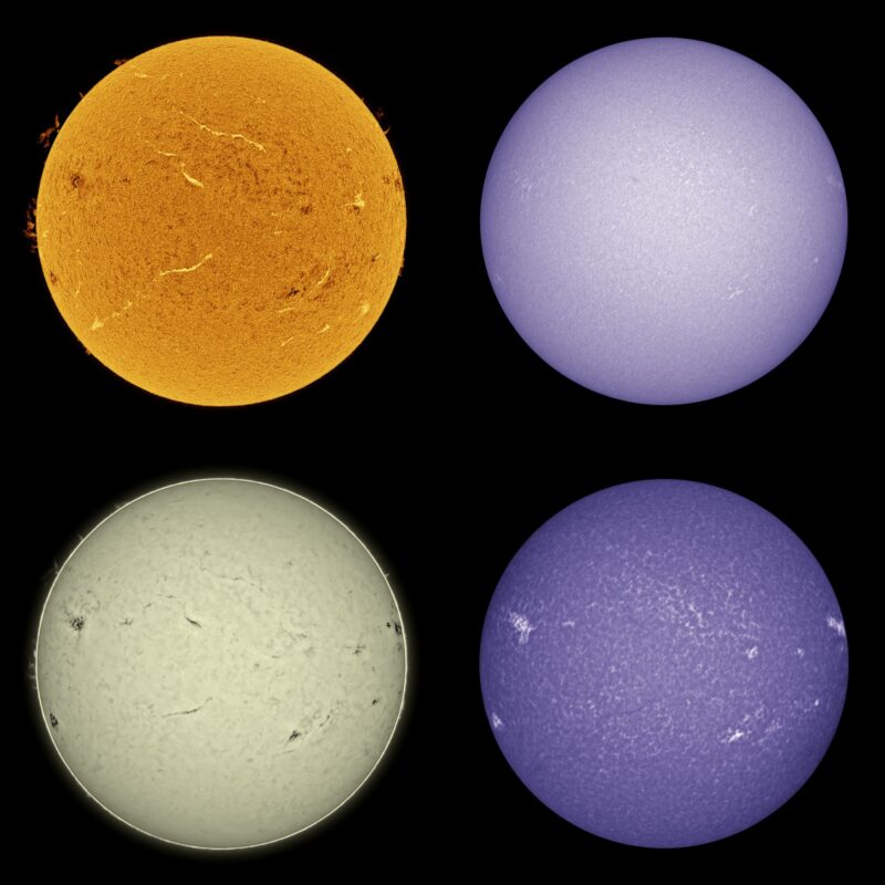 The sun, seen as four spheres in different bright colors.