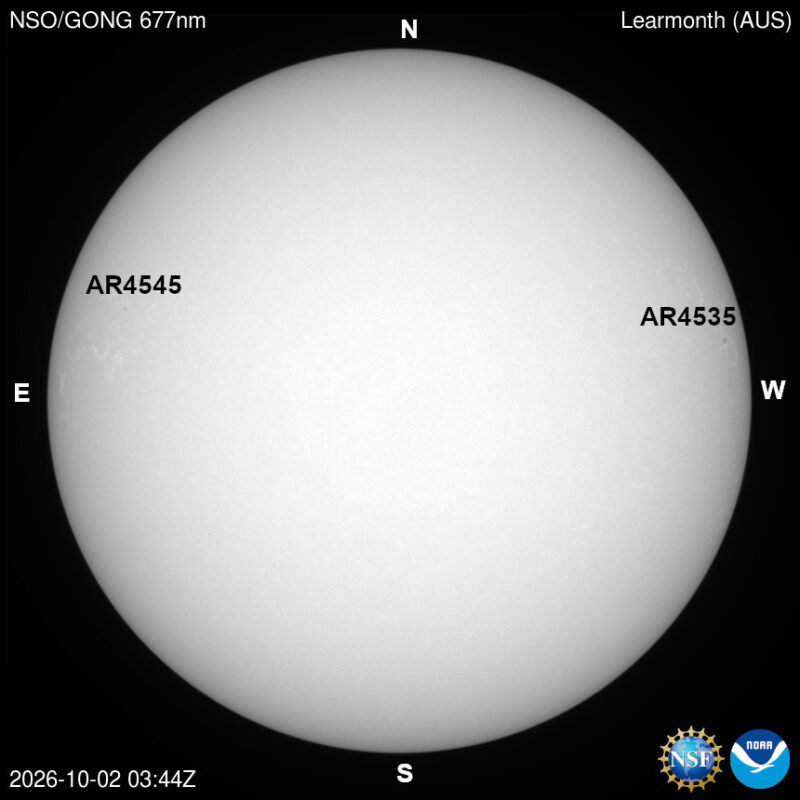 The sun, seen as a large white sphere with dark spots, each labeled.