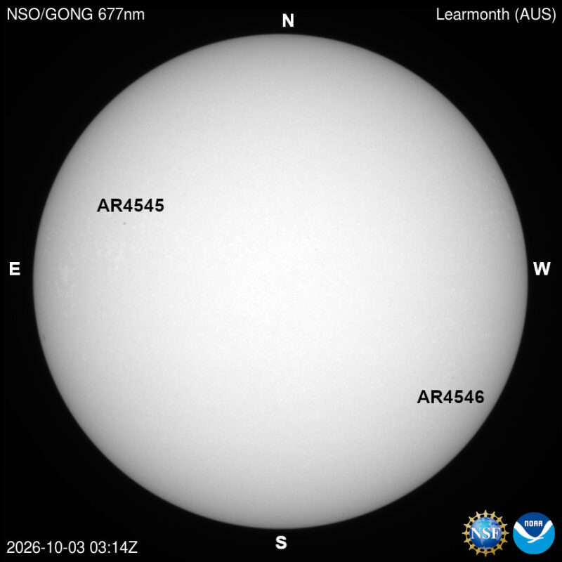 The sun in visible light, a pale disk with a few small dark sunspots, each labeled with its active region number.