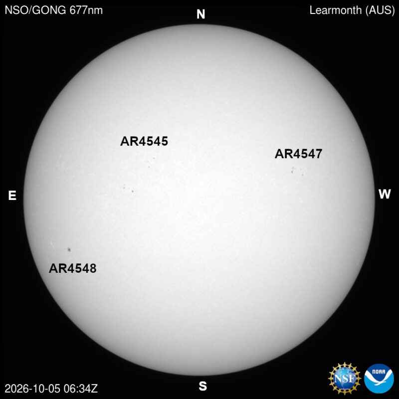 The sun in visible light, a pale disk with a few small dark sunspots, each labeled with its active region number.