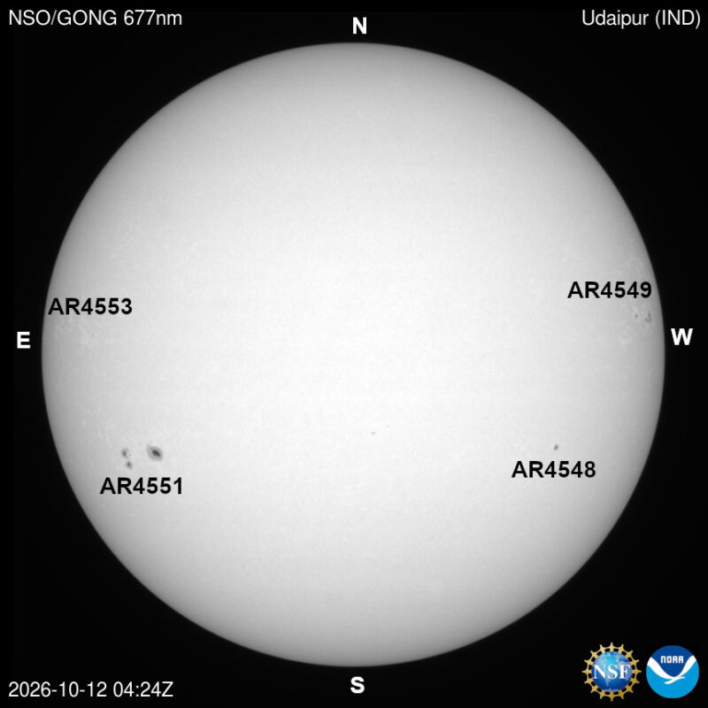 The sun in visible light, a pale disk with a few small dark sunspots, each labeled with its active region number.