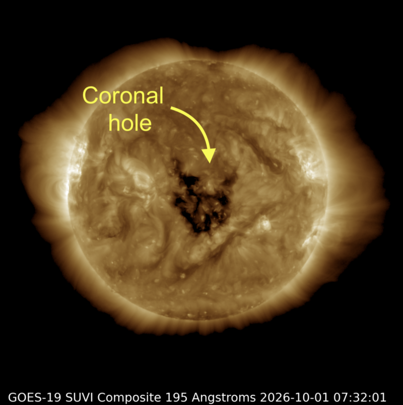 The sun glows gold in extreme ultraviolet light, with a dark, heart-shaped coronal hole near the center of the disk.