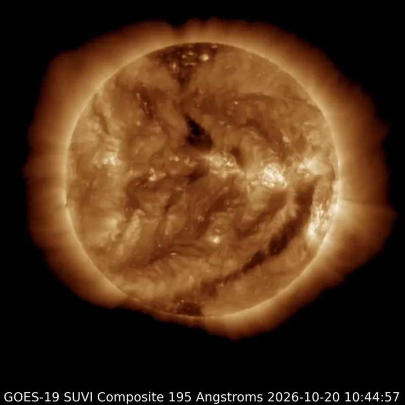 The sun glowing gold in extreme ultraviolet light, with a dark coronal hole near the center of the disk.