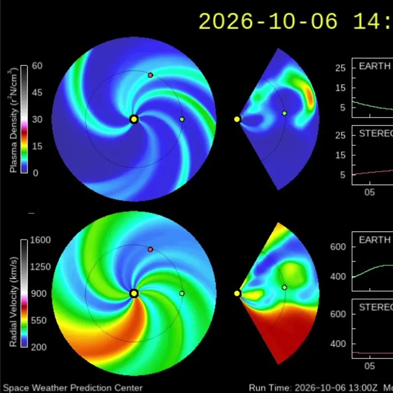 Computer model panels showing a cloud of solar material spiraling out from the sun and sweeping toward Earth's orbit.