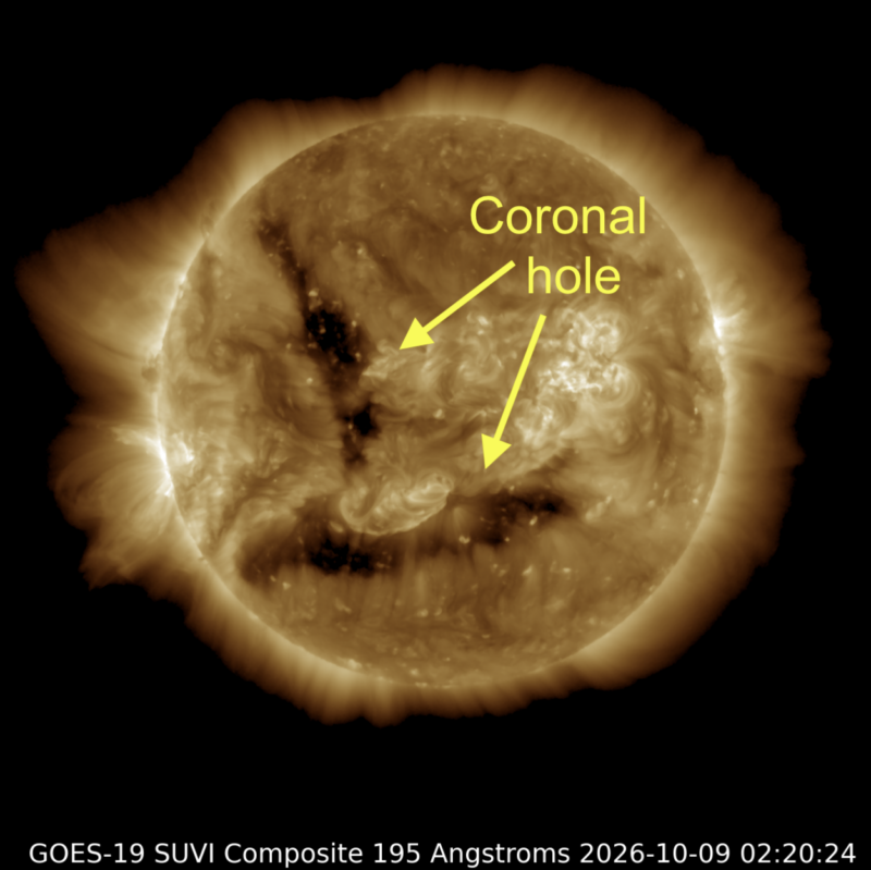 The sun glowing gold in extreme ultraviolet light, with a large dark coronal hole labeled in the south.